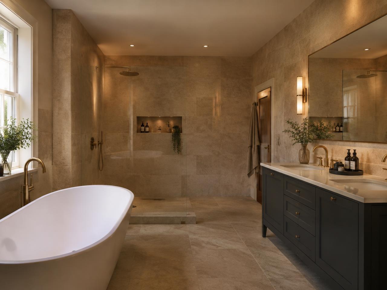 Renovated bathroom with stone tiles, freestanding bath and brass fittings